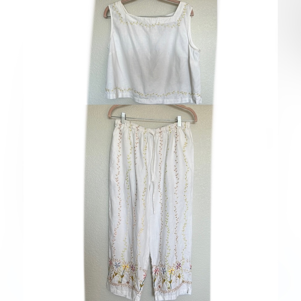 Carol Anderson California white embroidered linen two piece Large